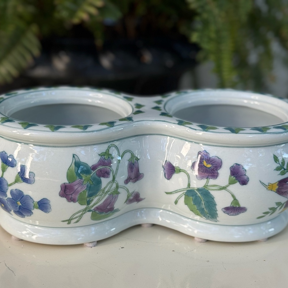RARE Vintage Made in China Floral Porcelain Double Planter Vase Cachet Pot Asian